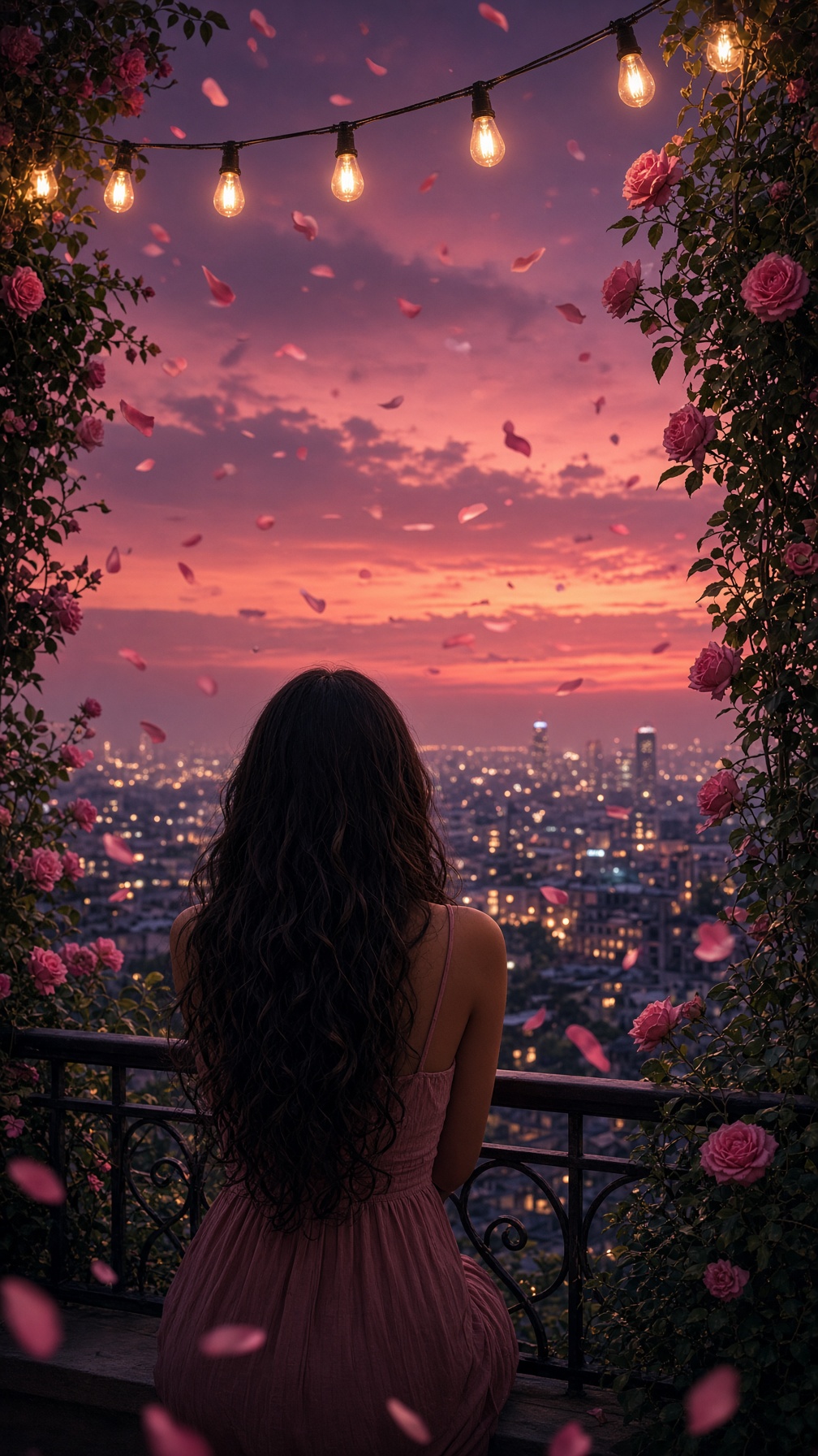 A balcony at dusk, string lights and roses
